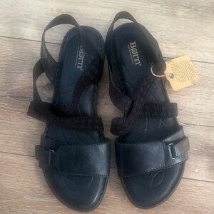 Born Britton Leather Uppers Open Toe CasualStrappy Flat Sandals Black Women's 10